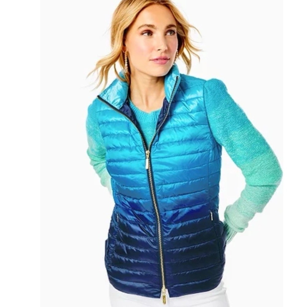 Lilly Pulitzer Noella Low Tide Down Puffer Vest Small Navy Blue Ombre